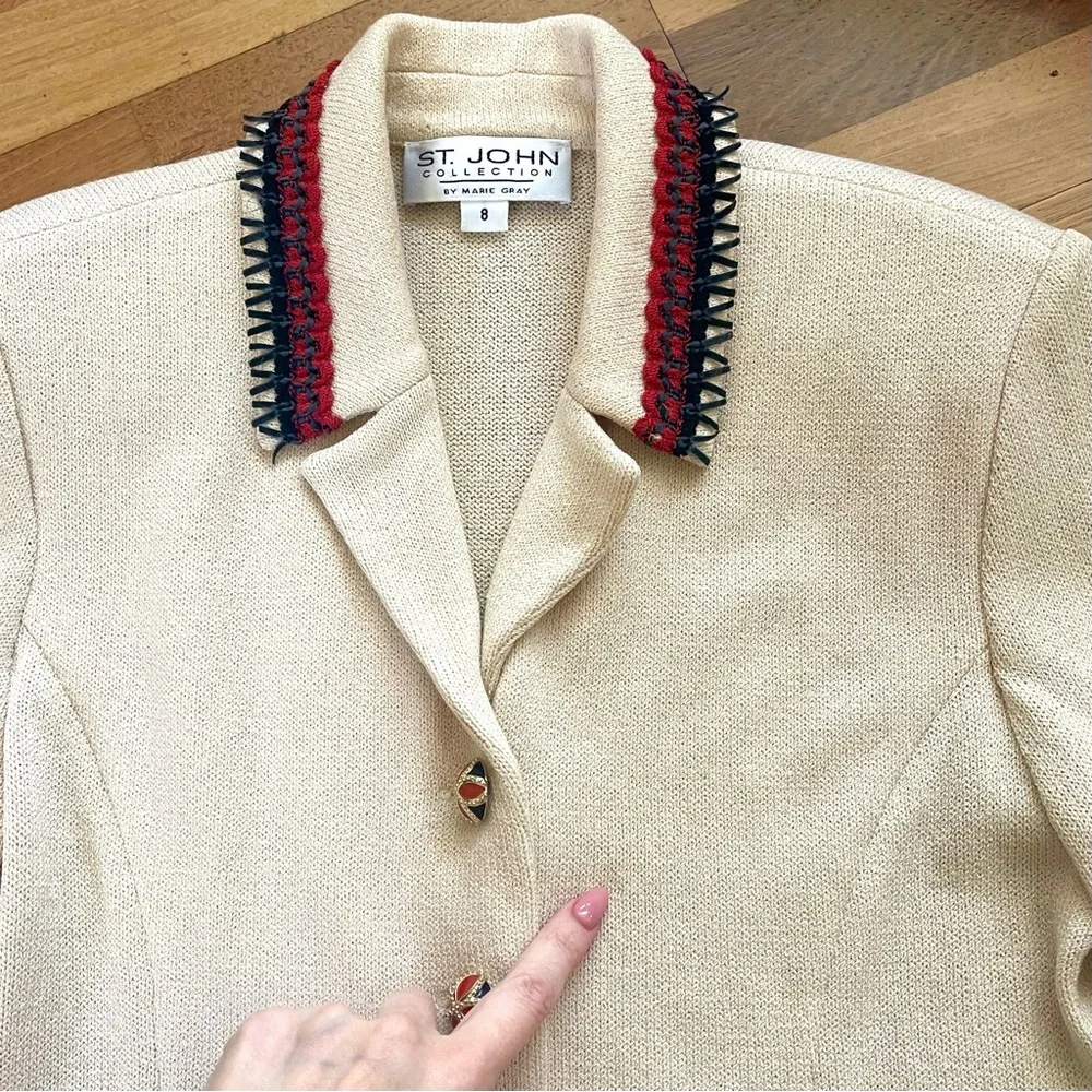 ST JOHN COLLECTION Fringe Jacket Coat SIZE 8 Ivory Red Cardigan Santana Knits - Picture 8 of 9